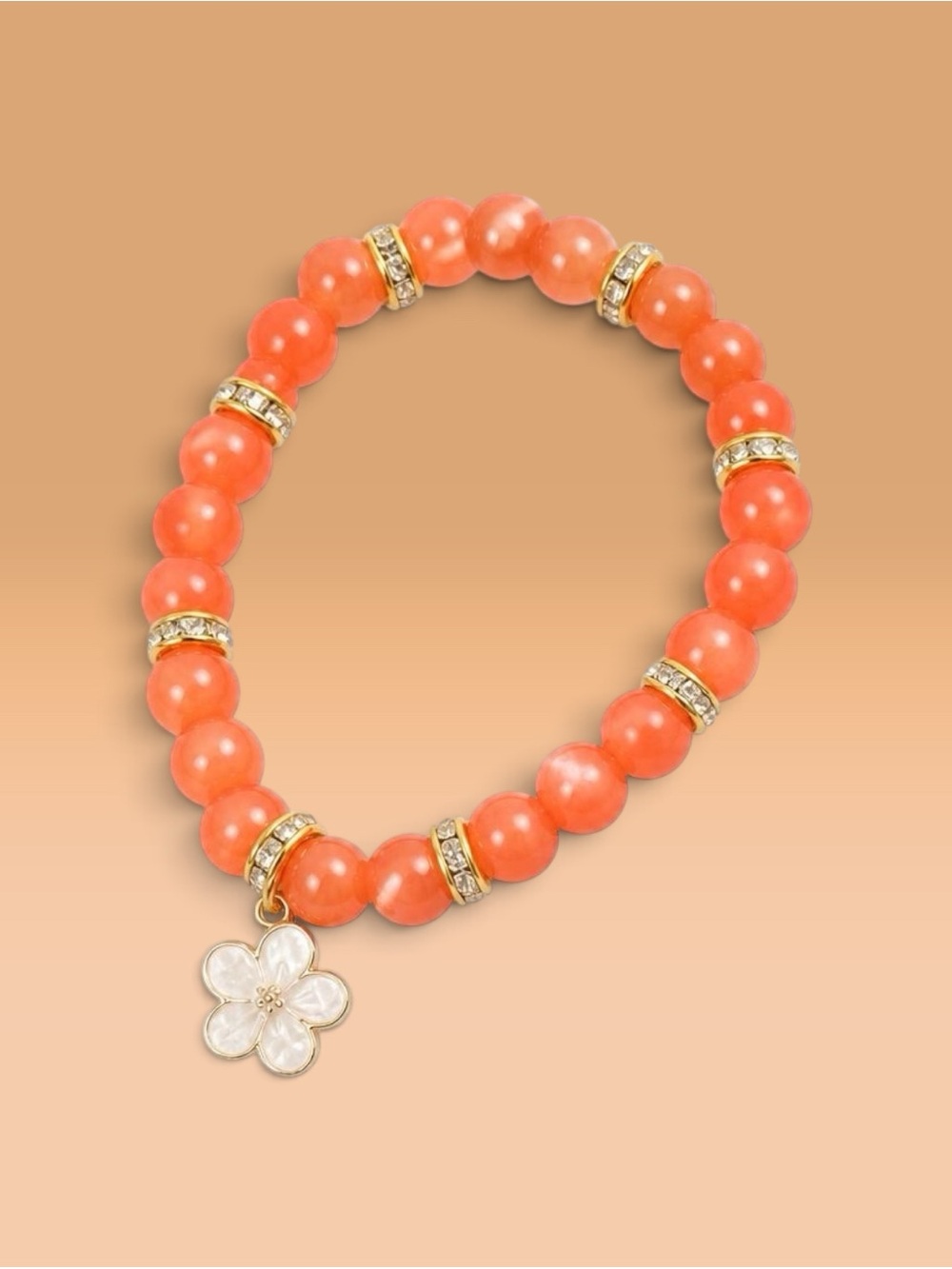 Gold-Accent Coral Bead Stretch Bracelet with Flower Charm